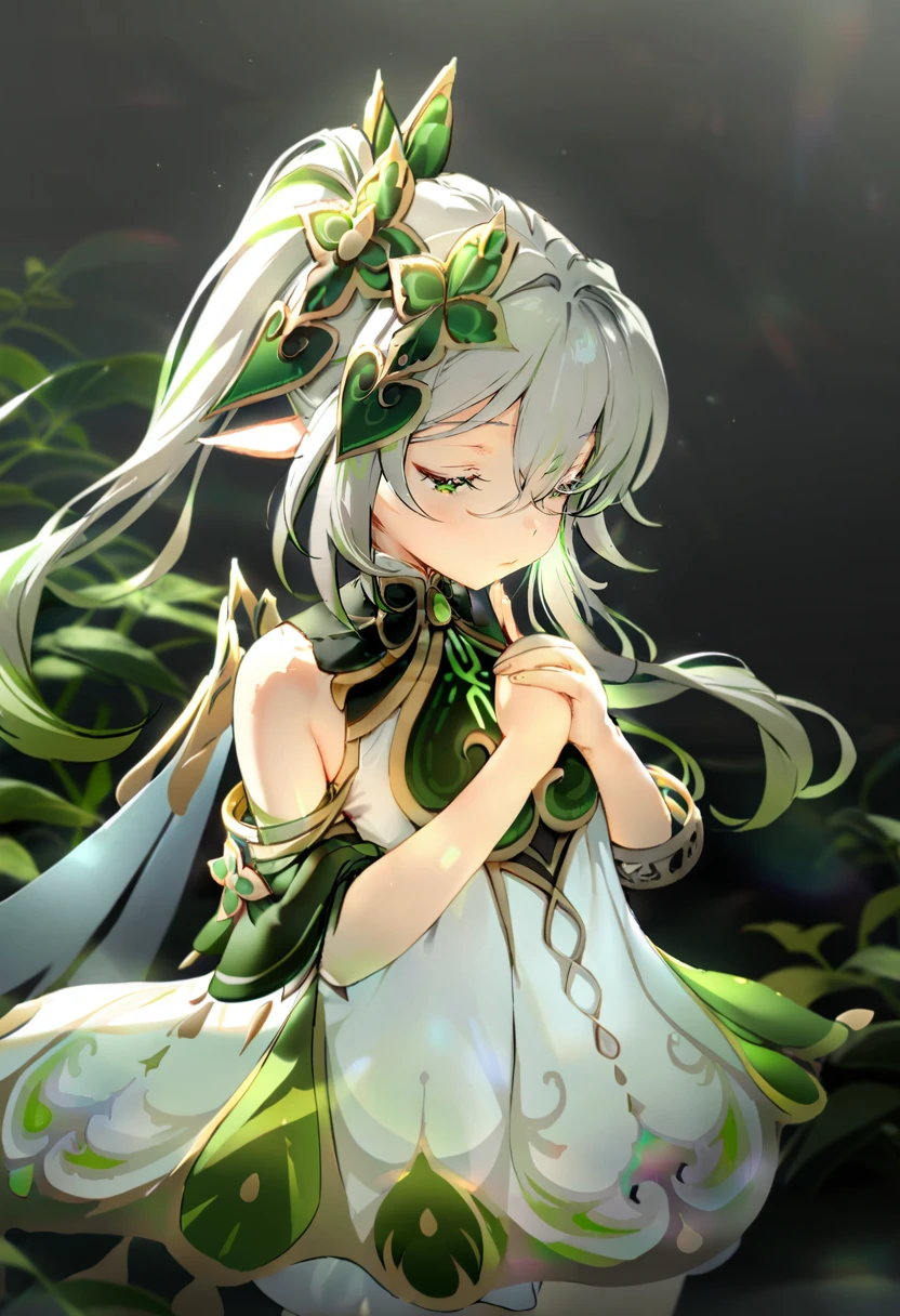 masterpiece, best quality, <lora:anmiXL_ANI31_lokr_V4239:0.95> 1girl, solo, closed eyes, nahida \(genshin impact\), dress, pointy ears, own hands together, white dress, hair ornament, side ponytail, praying, white hair, multicolored hair, detached sleeves, long hair, sleeveless dress, leaf hair ornament, green hair, closed mouth, sleeveless, bare shoulders, hair between eyes, jewelry, own hands clasped, bracelet, grey hair, green cape, sidelocks