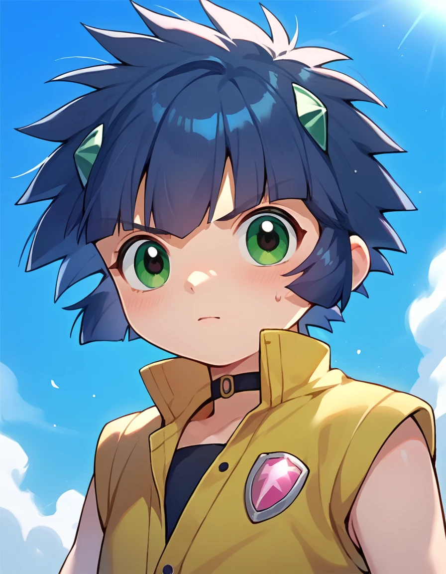 score_9, score_8_up, score_7_up, 1girl, source_anime, solo focus, kaoru casual, yellow vest Defensive Shield with Counterattack: Raise your shield in front of you and deliver a swift counterattack demonstrating defensive prowess and offensive skill. <lora:Kaoru-50:1>