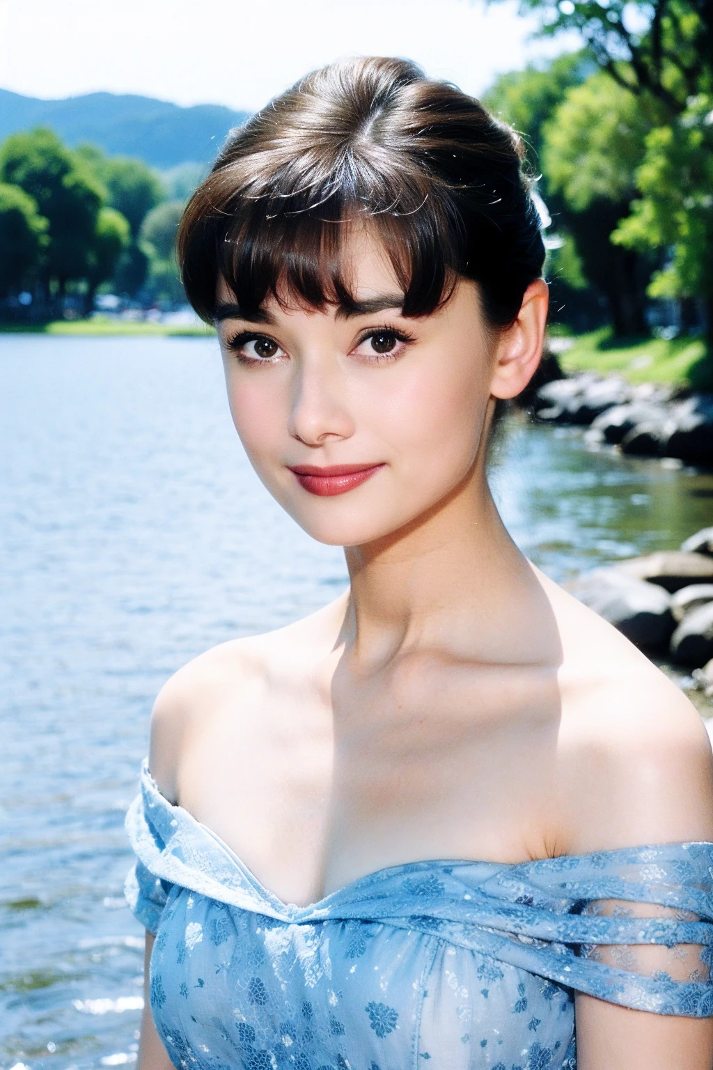 1girl,realistic,best quality,medium breasts:1.3),(picturesque:1.3),dress,smile,<lora:Audrey Hepburn:0.9>,(brown hair:1.1),
