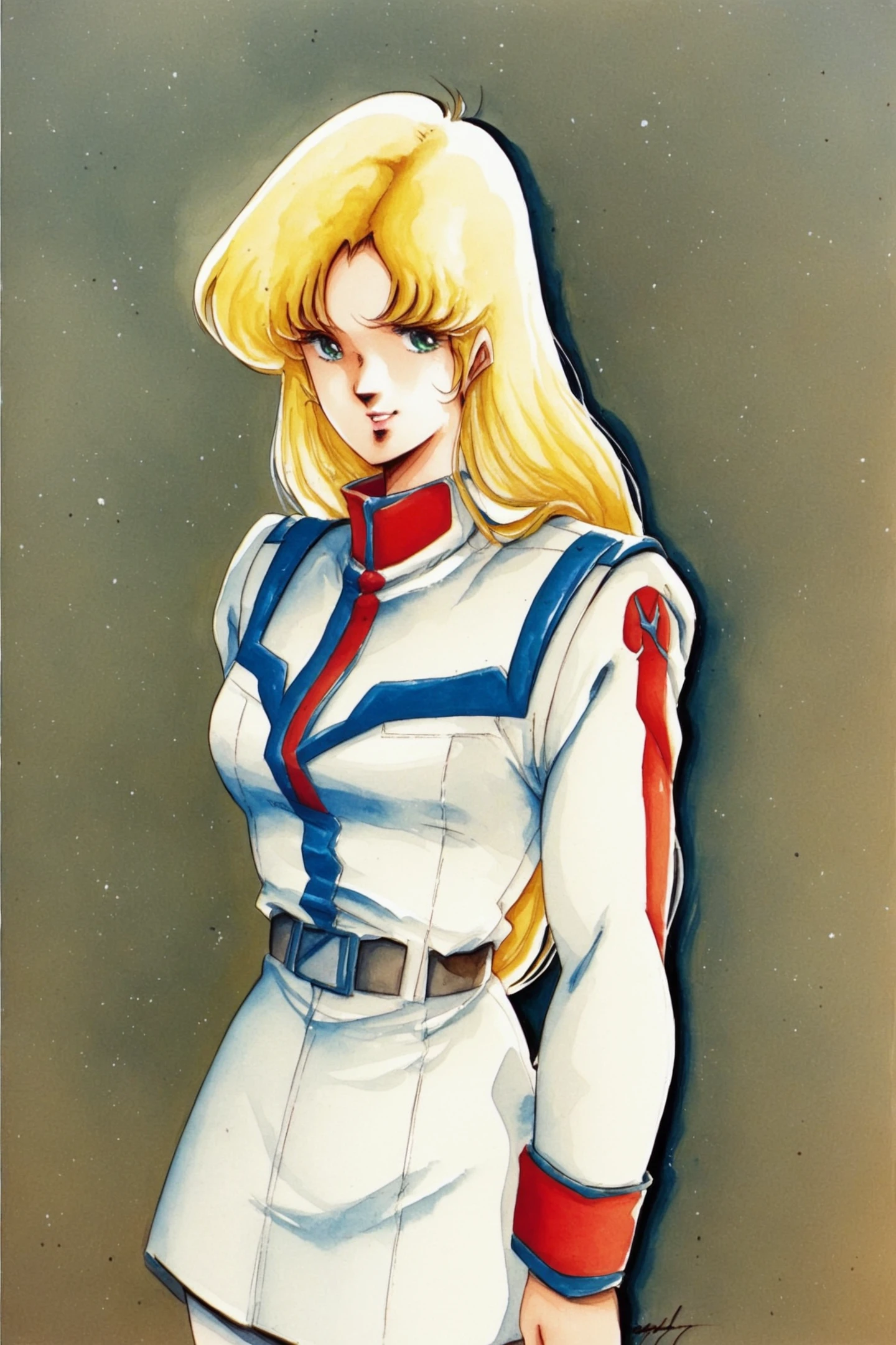 Misa Hayase,1girl,solo,blonde hair,long hair,green eyes,1980s \(style\),cowboy shot,looking at viewer,white uniform,military uniform,white skirt,retro artstyle,traditional media,watercolor (medium),score_9,score_8_up,source_anime,<lora:Haruhiko Mikimoto_XL_PONY_V2:0.8>,