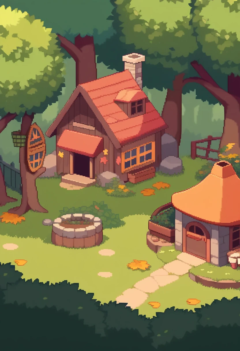 score_9,score_8_up,score_7_up,<lora:pixel_art_a3:1>,animated, chimney, english_commentary, falling_leaves, fence, forest, house, landscape, log, looping_animation, no_humans, outdoors, pixel_art, potted_plant, scenery, stone, tree, video