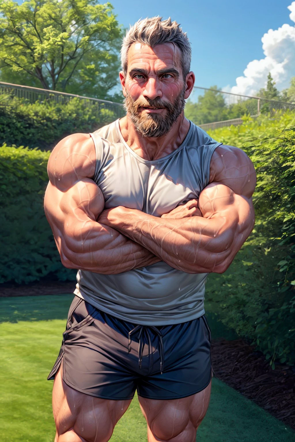 paul sklar, mature male, daddy, hairy chest, beard, looking at you, 50 years old, veiny arms, sweaty, shiny skin, sleeveless shirt, thighs, hairy body, daylight, shorts, garden, crossed arms