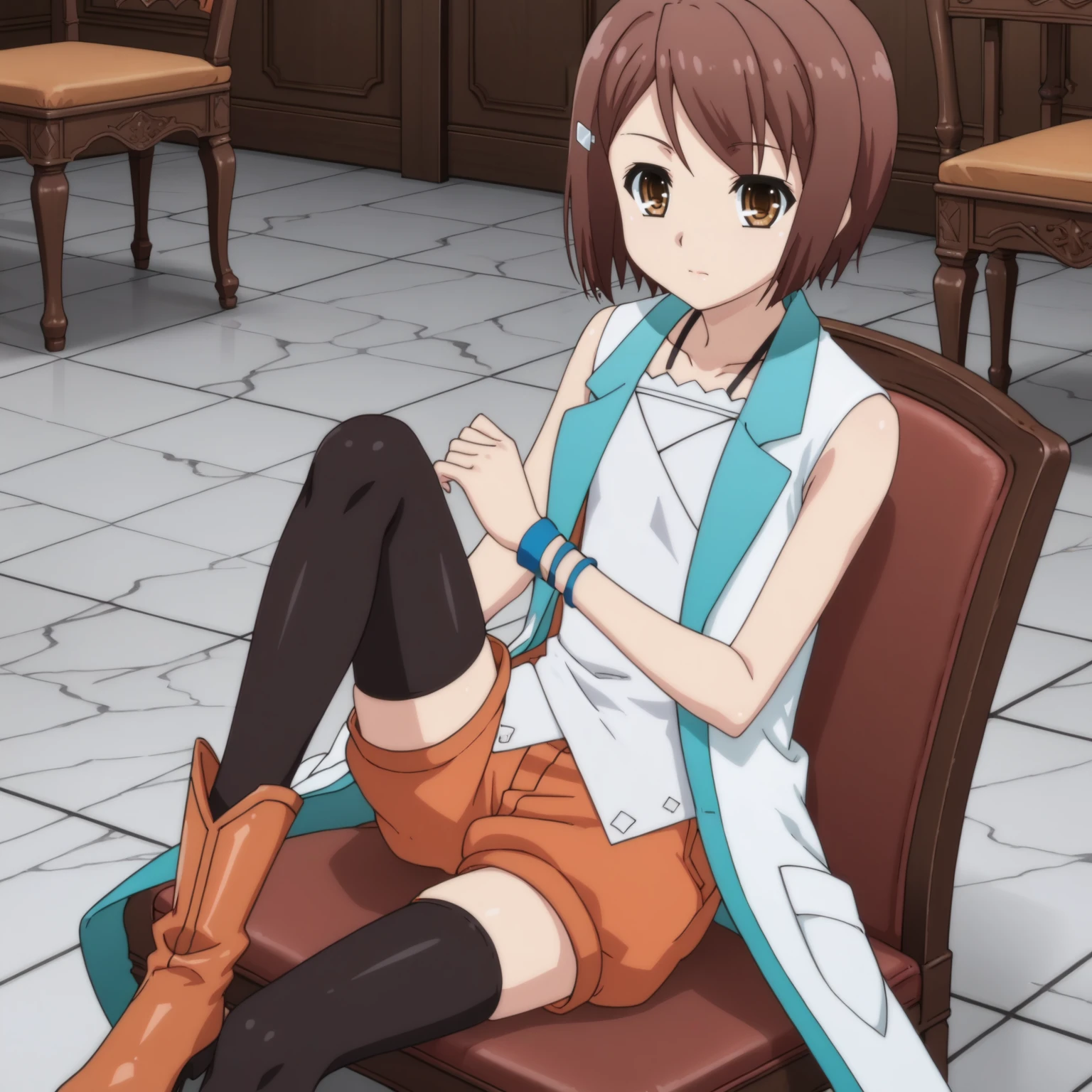 <lora:KasukabeYouXLpony001>,
looking at viewer,
solo,
KasukabeYou,1girl,brown hair,short hair,brown eyes,
hairclip,
coat,sleeveless,
orange shorts,
black thighhighs,
boots,
wristband,
sitting,chair,