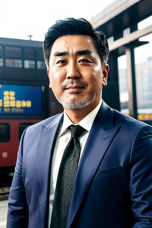 <lora:Ryu_Seungryong_Lora-10:0.9>, ryu seungryong, suit, portrait, train station background