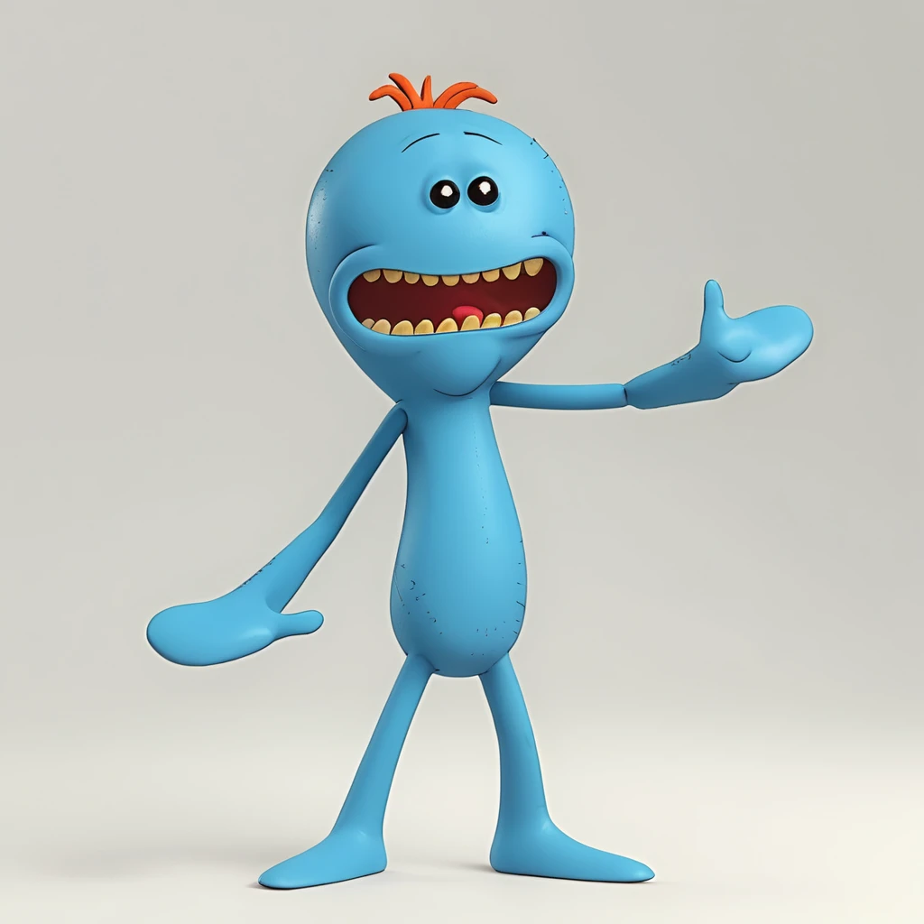 3d render, western animation, ultimate masterpiece, meeseeks alien, standing on white background, (full shot, full body:1.2)
<lora:Meeseeks_AnimagineXL_V30_v1-000007:1.3>