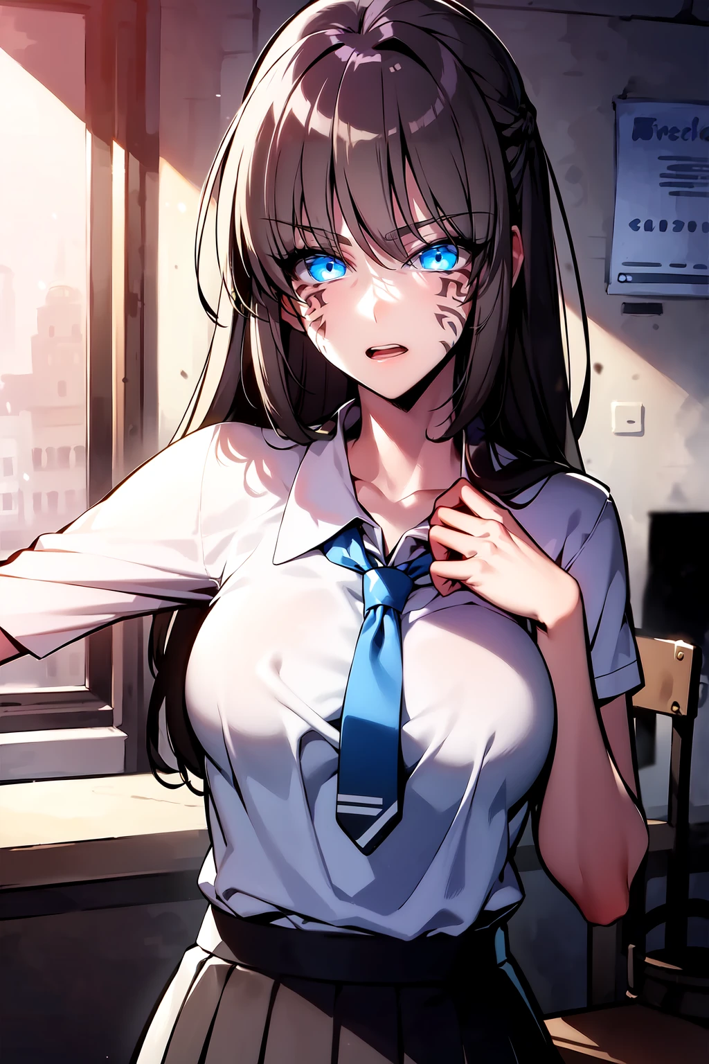 masterpiece, best quality, 1girl, solo,  <lora:Dark_Teresa:0.7> thg-teresa, long hair, black hair, blue eyes, facial mark, BREAK upper body, school uniform, white shirt, blue sailor collar, red necktie