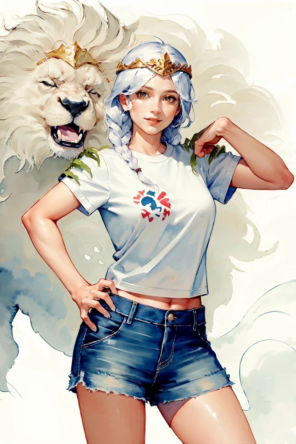 <lora:Godfrey1.0:0.8>,1girl,solo,white hair,braid,crown,ghost lion,hand on another's shoulder,(claws:1.1),smile,
shirt,(graffiti:1.2),denim shorts,hand on own hip,
cowboy shot,simple background,(watercolor:1.2),
masterpiece,best quality,ultimate details,highres,8k,wallpaper,extremely clear,<lora:watercolor:1>,