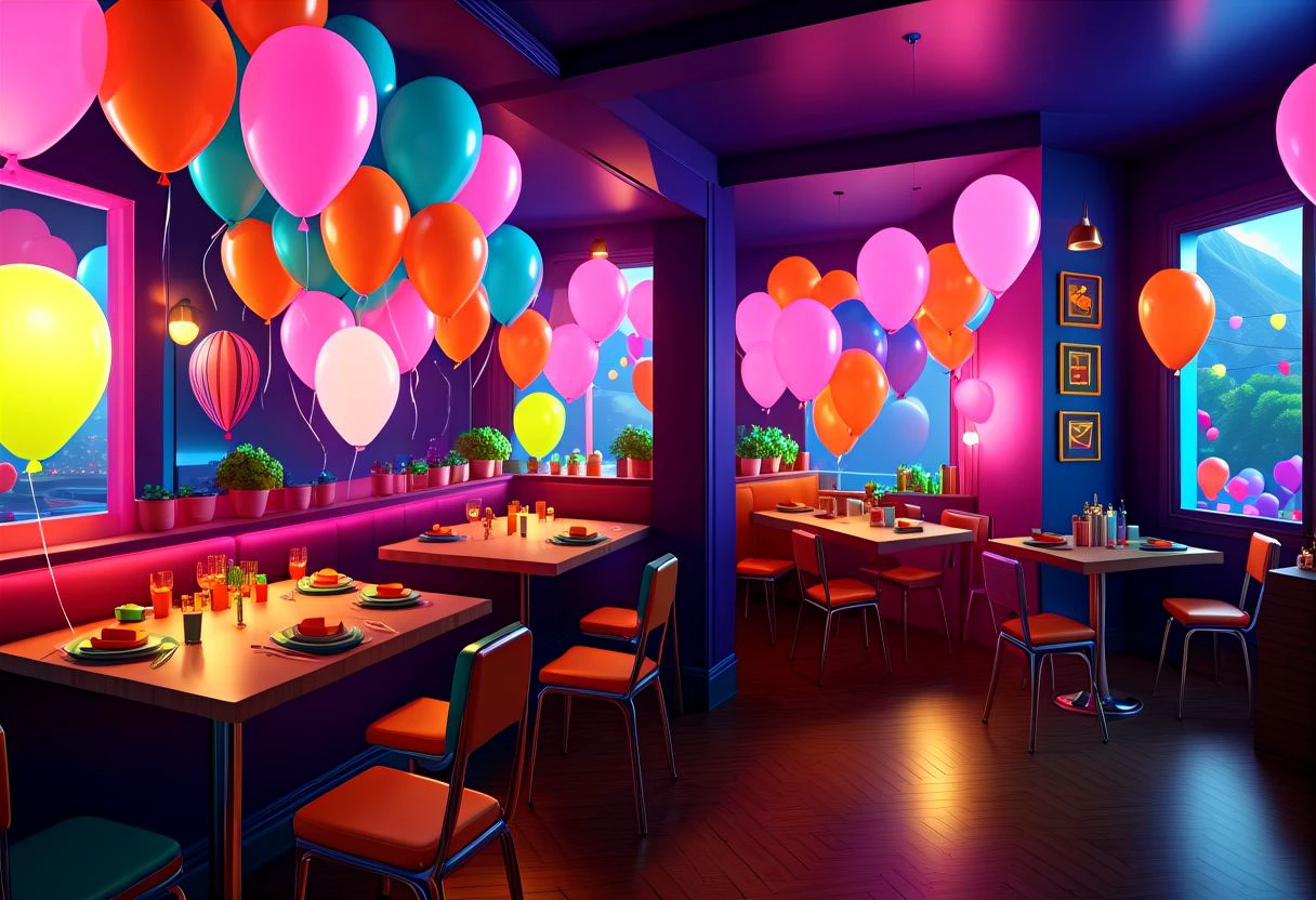 an extremely detailed isometric scene of (nxzskzt), ((isometric cutaway)), isometric style, indoors, neon themed dining room with balloons, 3d, isometric view, octane render, neon lighting, isometric miniature, 3d scene, cinematic lighting, extremely detailed, ultra HD, desktop wallpaper, 128k, neon theme, masterpiece, best quality