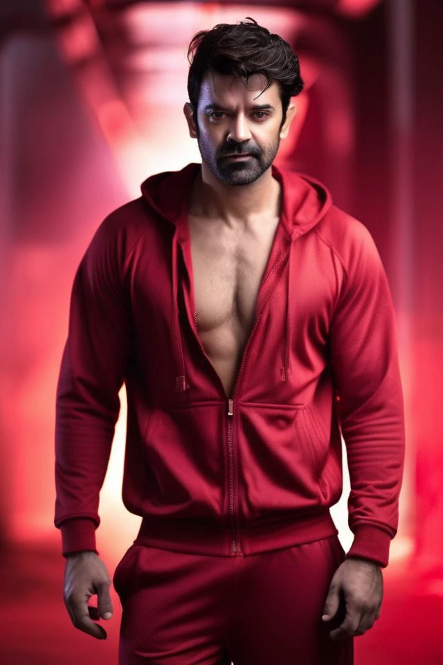 clark gable a man <lora:Barun-Sobti_Clark-Gable:1>, realistic photo in a worn ((red tracksuit)), ((light bokeh)), intricate, (steel metal [rust]), elegant, sharp focus, photo by greg rutkowski, soft lighting, vibrant colors, (masterpiece), ((streets)), (detailed face), looking at viewer, light smile, night, walking towards viewer, cinematic lighting, beautiful lighting, cinematic lighting, (hazy filter, film grain:1.2)