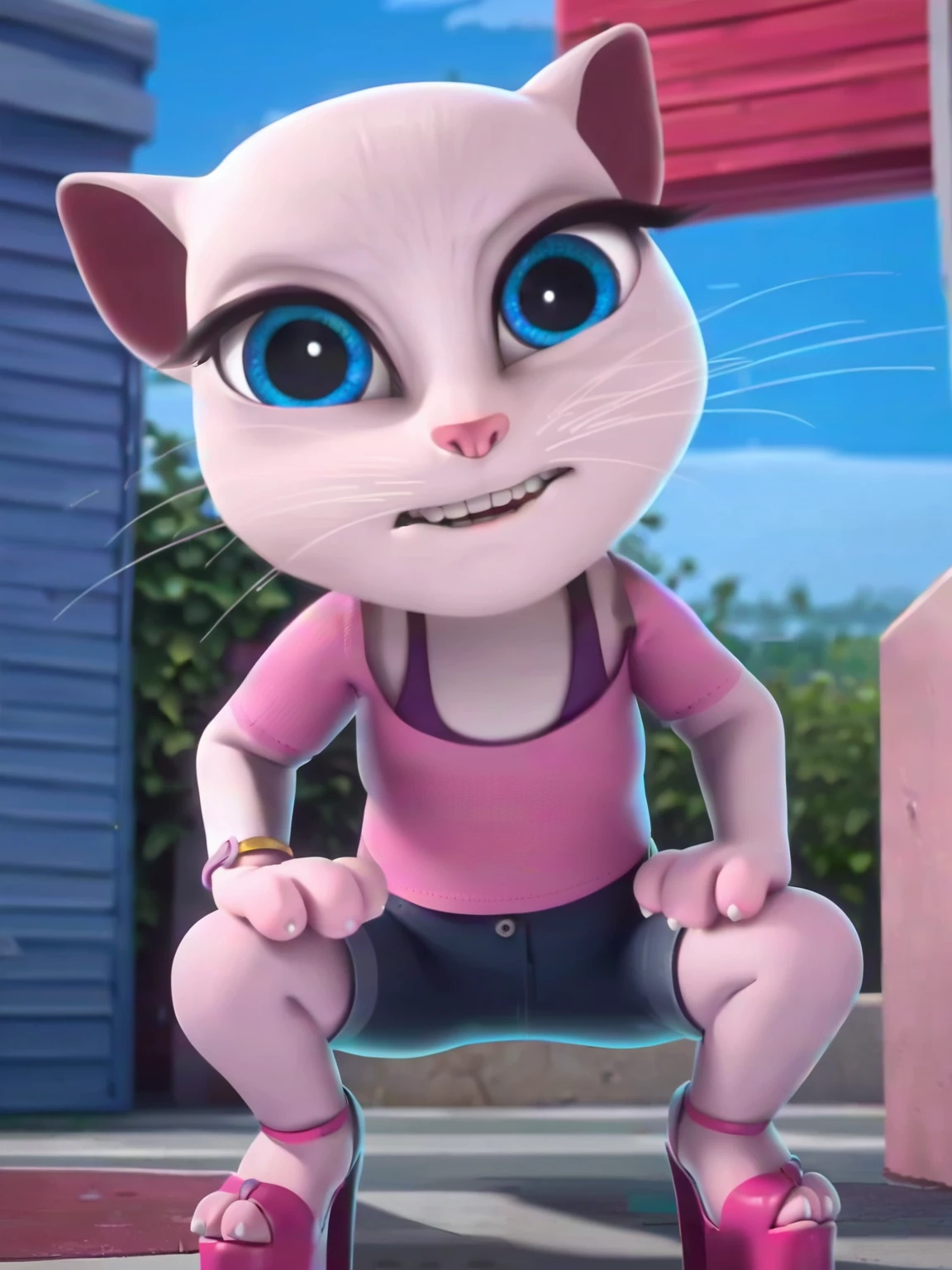solo focus, <lora:Angela:0.9> a_la, 1girl, cat, white fur, long whiskers on each side of face, large brilliant blue eyes, large black eyelashes, small pink nose, triangular ears with pink canals, small breasts,     looking at viewer, squatting, front view, spreading legs, platform high heels, score_9, score_8_up, score_7_up,