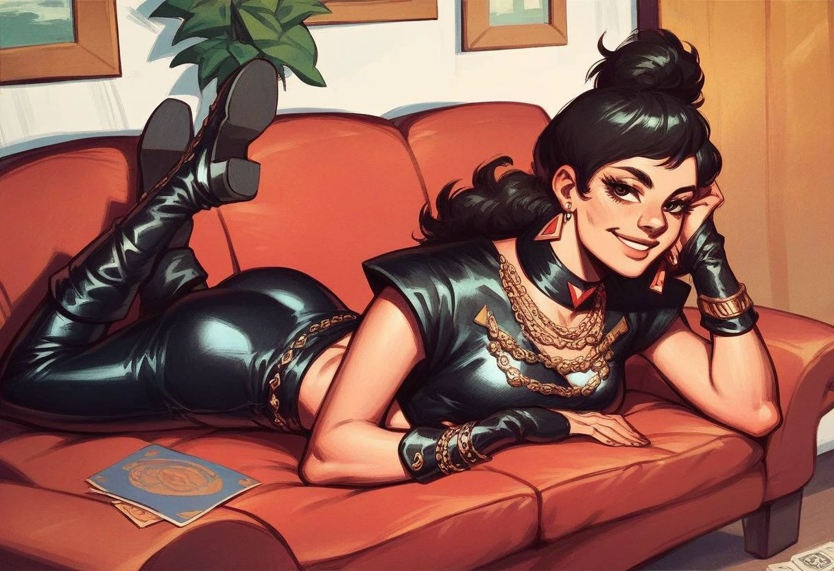 score_9_up, score_8_up, score_7_up, score_6_up, 1girl,  (Kitten_Mcgee) , jewelry, earrings, necklace, black leather crop top, boots, (painted art),, smile, lying on a red and gold sofa