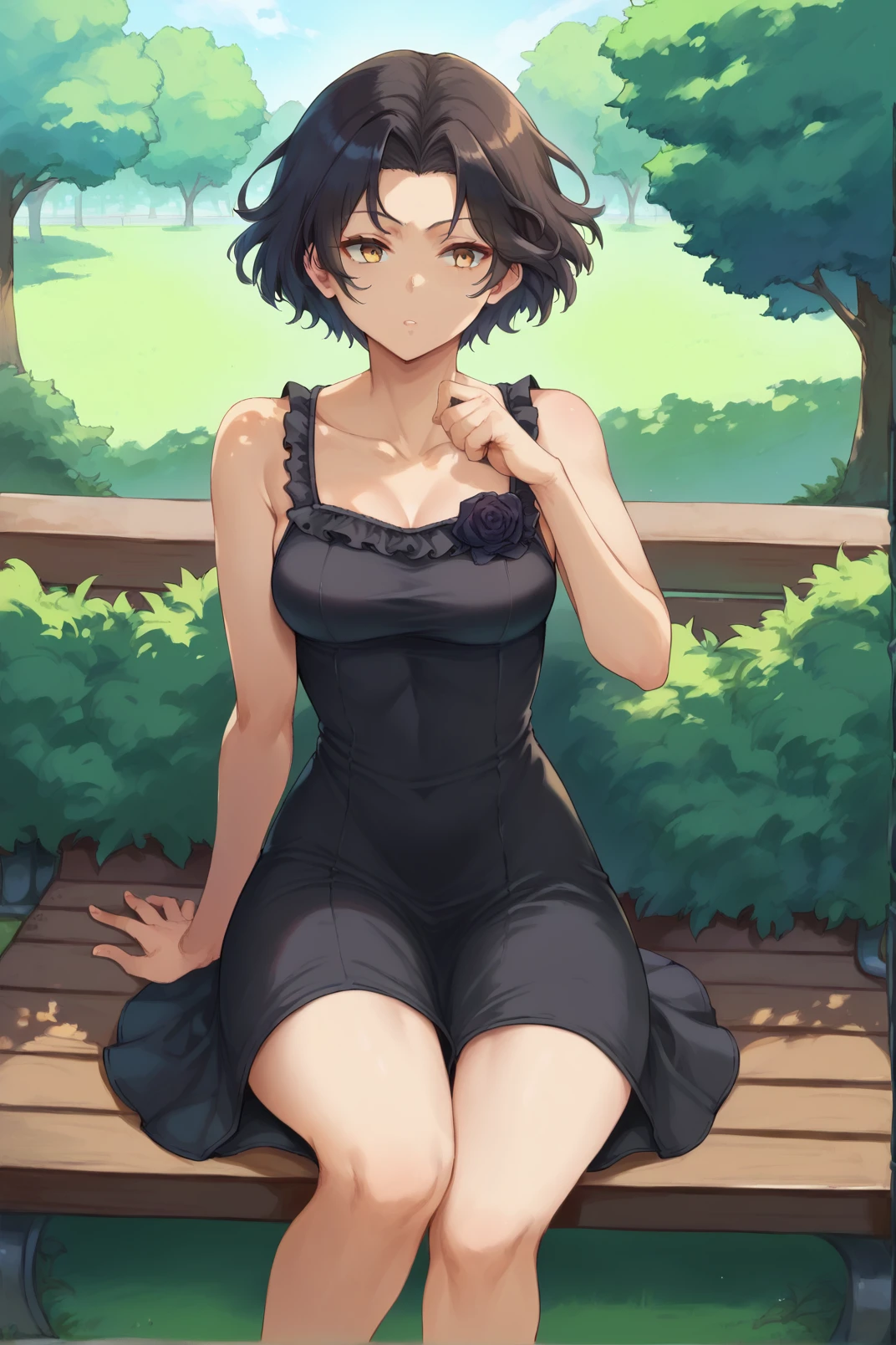 1girl, chane_laforet, chanedress, sleeveless, black dress, black rose, short hair, yellow eyes, sitting on bench, park, <lora:Chane Laforet Pony XL-000003:0.9>, <lora:cutesexyronutts_style_xl:0.65> csr style, score_9, score_8_up, score_7_up,