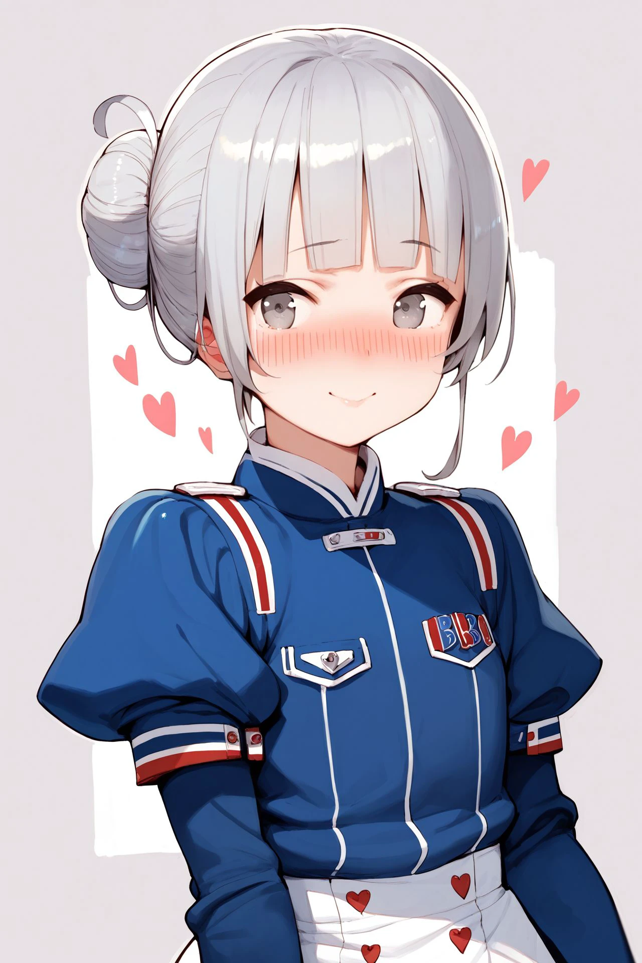 score_9, score_8_up, score_7_up, 1girl, embarrassed nose blush smile, arm_up, dark_grey hair, bangs, heart_hair_bun, light_grey eyes, flat chest, band uniform, beautiful background <lora:Haruno_Shuu_PonyXL_style_v01:1>