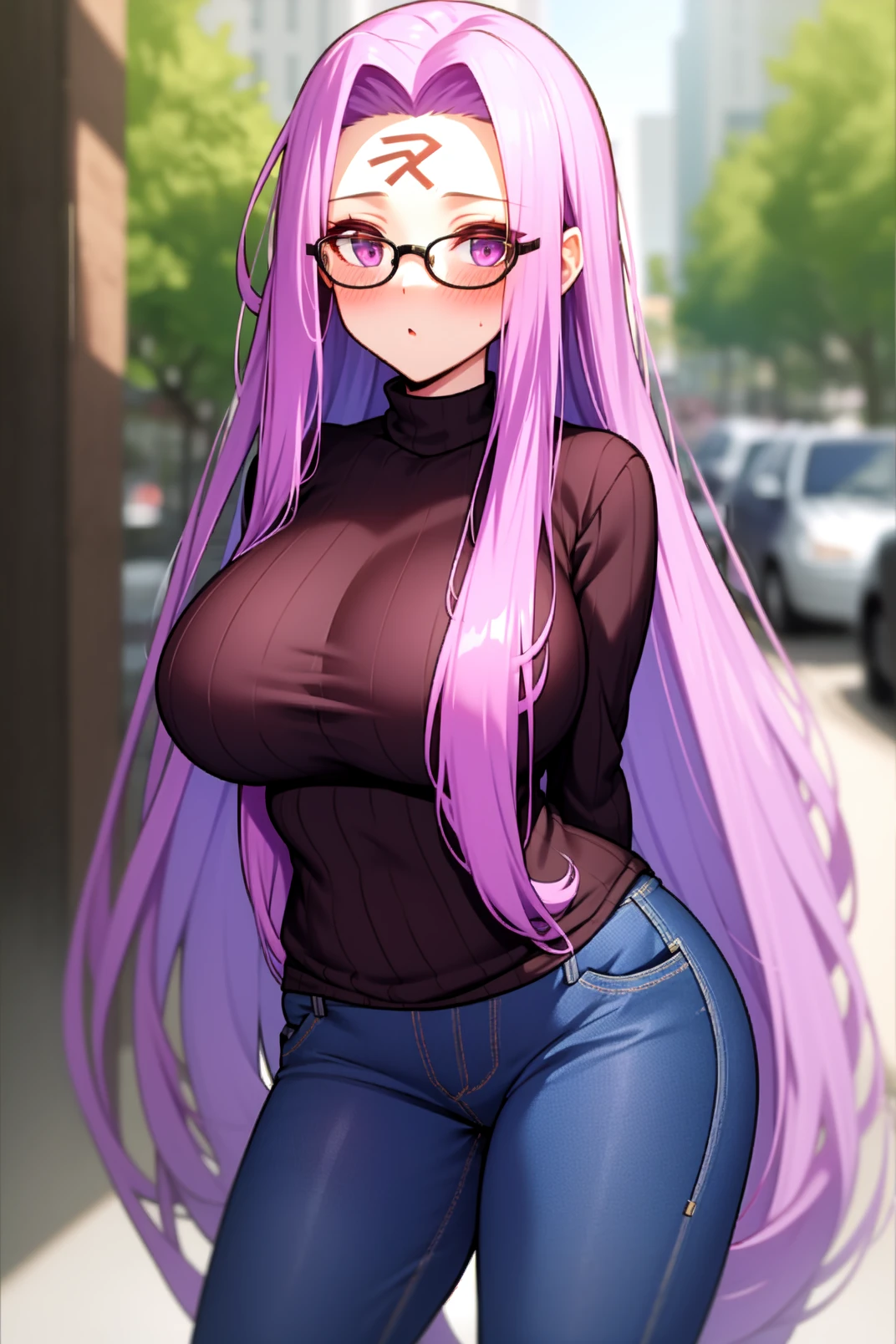 solo, masterpiece, best quality, outdoors, street, looking at viewer, :o, closed mouth, blush, standing, arms behind back, medusa, purple eyes, forehead mark, purple hair, very long hair, black sweater, ribbed sweater, turtleneck, long sleeves, denim pants, glasses