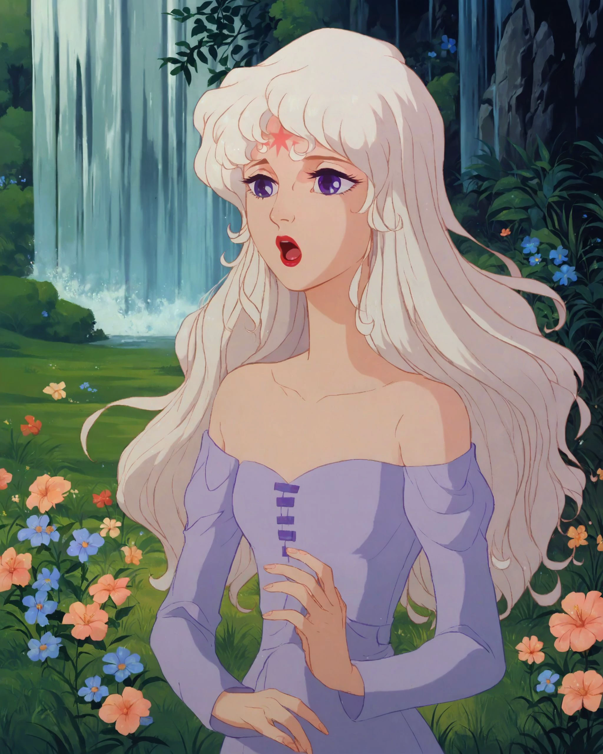 <lora:tlu_amalthea_PNY:0.75> 1girl, white hair, long hair, forehead mark, purple eyes, small breasts, dress, long sleeve, bare shoulders, red lips, open mouth, retro artstyle, forest, flowers, grass, waterfall, score_9, score_8_up, score_7_up, score_6_up, score_5_up, score_4_up, ponypositive,