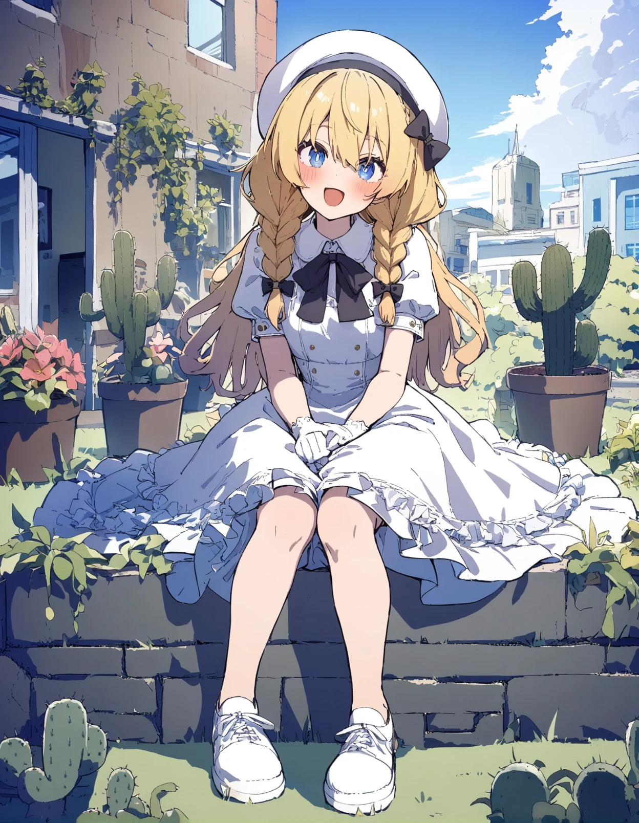 1girl, 
kagawa yuusaku, 
hair bow, cactus, dress, open mouth, grass, shoes, eyelashes, braid, sky, puffy short sleeves, potted plant, long hair, hat, beret, twin braids, white gloves, building, white footwear, outdoors, bow, black bow, blue sky, blonde hair, gloves, puffy sleeves, sitting, blush, short sleeves, plant, blue eyes, smile, :d, 
masterpiece, best quality, newest
 <lora:kagawa_yuusaku_image239_2024-03-28_a31-000018:1>