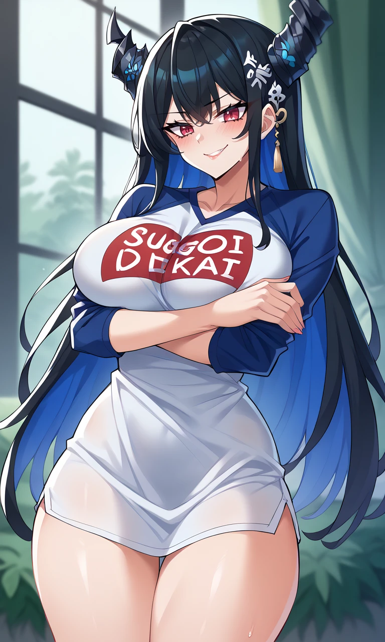 <lora:Sugoi Dekai-XL-V1:1>, sugoi dekai, clothes writing, white shirt, cosplay, blue shirt, raglan sleeves, large breasts, skin tight, taut clothes, clothing fold, breast support, arms under breasts, breast hold, naughty face ,score_9, score_8_up, score_7_up, score_6_up, source_anime, Nerissa, long hair, 1girl, looking at viewer, large breasts, naked shirt, thighs,  <lora:NerissaRavencroft-XL-V1:1>