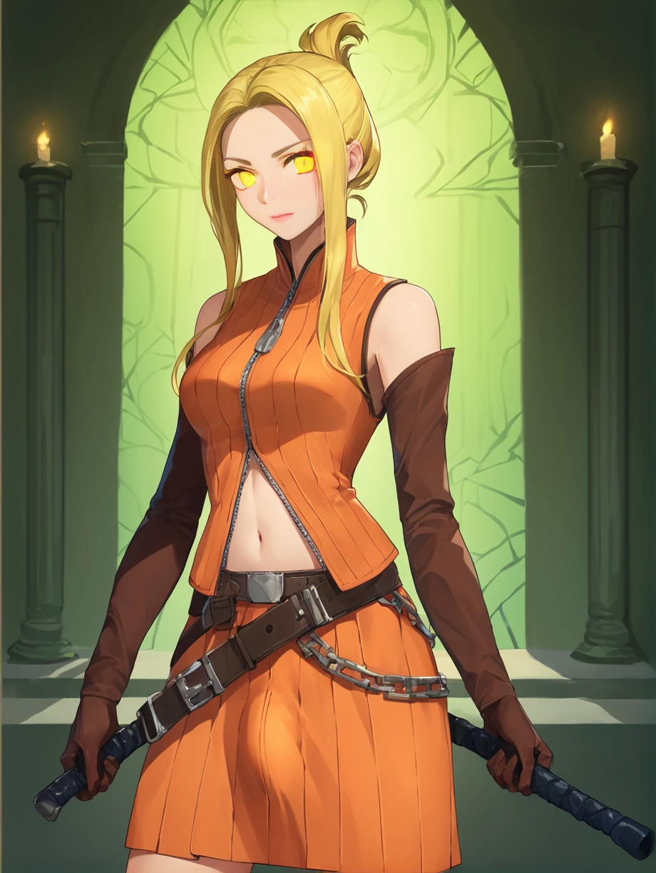 score_9, score_8_up, score_7_up, score_6_up, score_5_up, source_anime,
1girl, blonde hair, long hair, sidelocks, folded ponytail, yellow eyes, orange dress, sleeveless, zipper, detached sleeves, navel, belt, skirt, gloves, cowboy shot, indoors, green temple, night, dark, darkness, glowing eyes, slit pupils, holding whip,
futanari, bulge,
<lora:Colored_Condom_-_Used_Condom_On_Penis_v4-000015:0.8> <lora:Quistis:1>