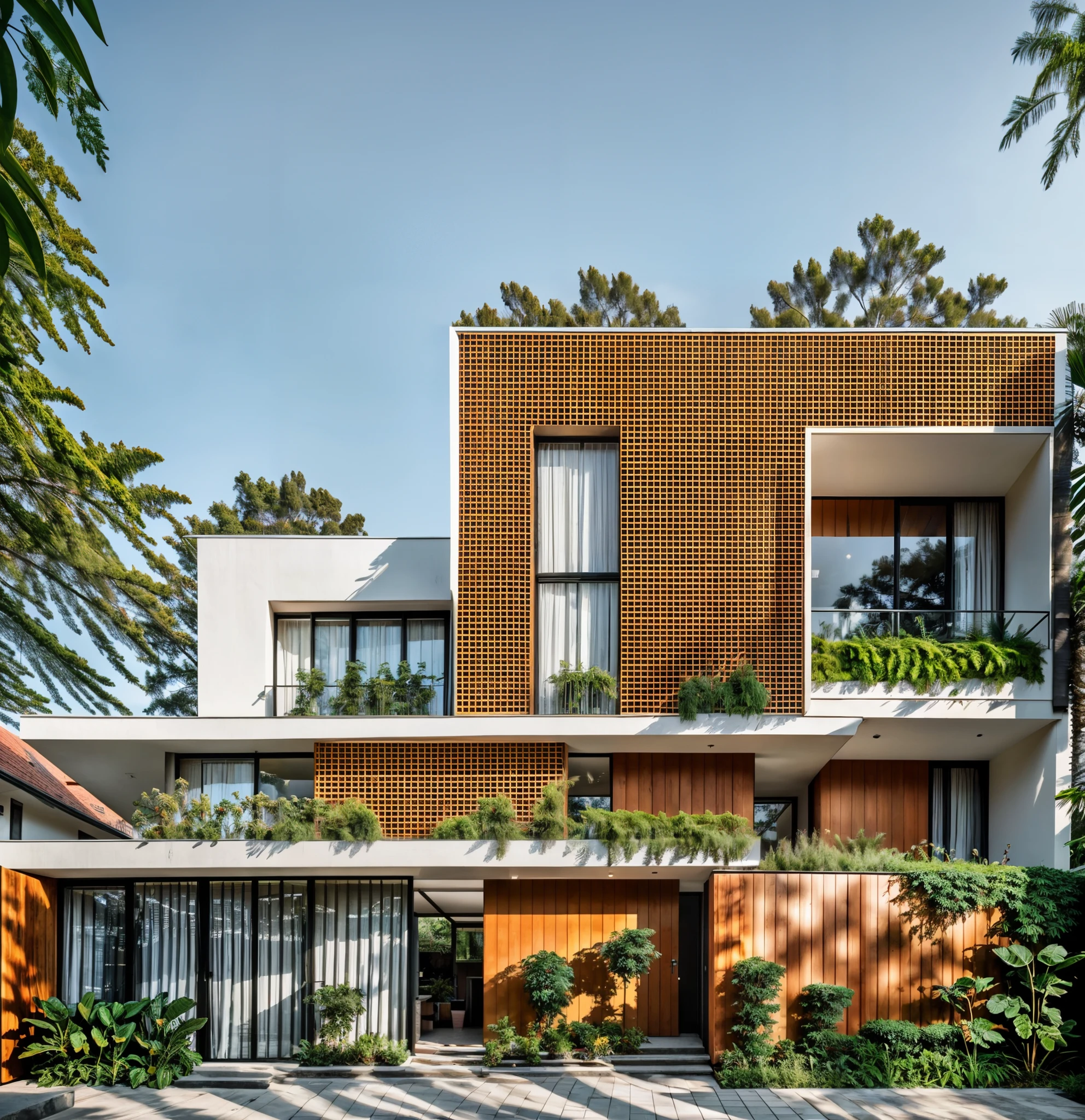 modern townhouse on street, streetscapes, urban background, white walls combined with wooden grids, glass railings, trees on the balcony, large glass doors, wooden main door, many shrubs, natural light, daylight , a lively and cheerful scene <lora:12ArchiAI_Townhouse-v2:0.6>  12ArchiAI_Townhouse-v2