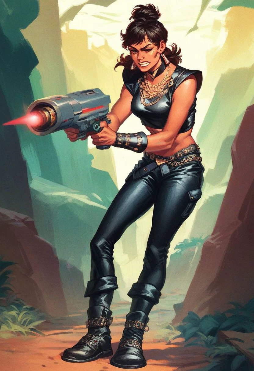 score_9_up, score_8_up, score_7_up, score_6_up, 1girl,  (Kitten_Mcgee) , jewelry, earrings, necklace, black leather crop top, boots, (painted art), arrogant smile, standing on an alien planet, laser gun, firing