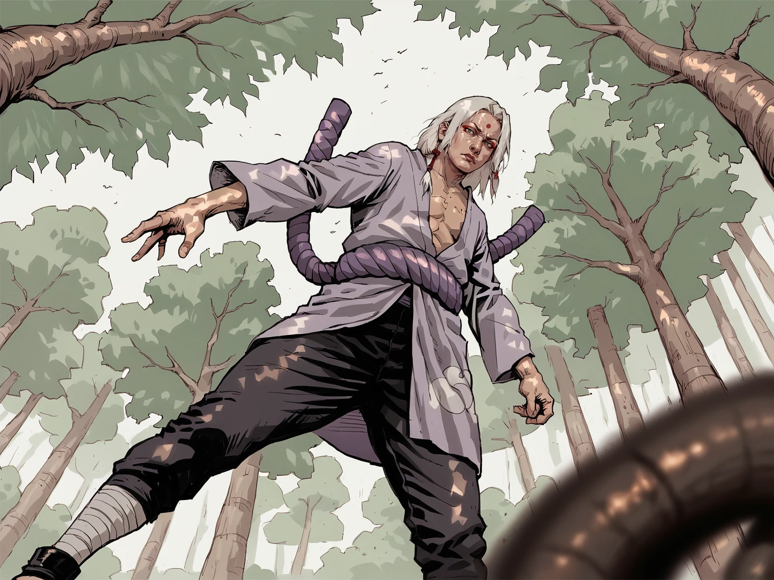 <lora:Naruto_r1:0.8>, <lora:k1m1maro-08:0.8>, 1boy, k1m1maro, green eyes, red eyeliner, forehead mark, white hair, long hair, ninja, tan tunic, long sleeves, purple rope belt, pants, sandals, open clothes, battle stance, forest, dynamic angle, from below, pov, day, solo, <lora:SeungEunKim:0.8>, score_9, score_8_up, score_7_up