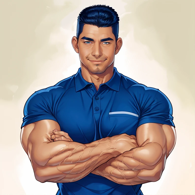 (RAW photo), 1boy, solo, <lora:RobertVanDamme:0.85>, robvandamme, muscular, muscular male, absurdres, smirk, portrait, polo shirt, short sleeves, crossed arms