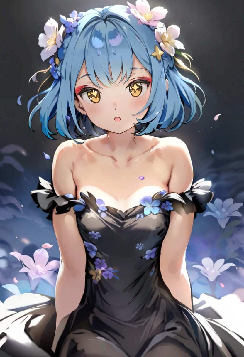 masterpiece, best quality, <lora:anmiXL_ANI31_lokr_V4239:0.95> 1girl, solo, yellow eyes, looking at viewer, makeup, bare shoulders, flower, hair ornament, blue hair, symbol-shaped pupils, hair flower, petals, short hair, dress, bangs, black dress, collarbone, strapless, star-shaped pupils, strapless dress, +_+