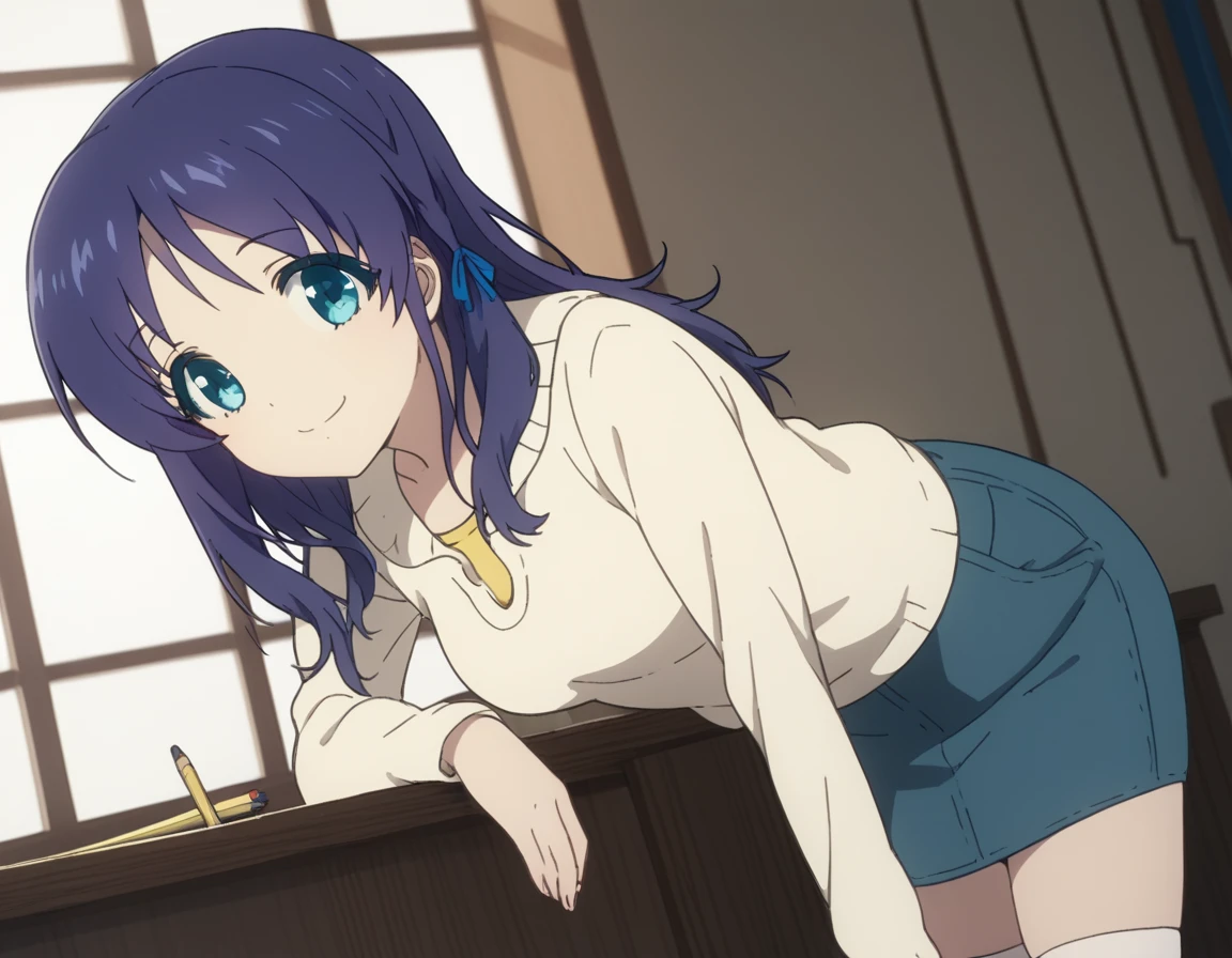 score_9, score_8_up, score_7_up, source_anime,
chisakihiradaira, <lora:chisaki-hiradaira-s1-ponyxl-lora-nochekaiser:1>,
chisaki hiradaira, long hair, blue eyes, blue hair,
skirt, thighhighs, zettai ryouiki, casual, pencil skirt, denim skirt,
indoors, bent over, smile,
looking at viewer, cowboy shot, dutch angle, solo,