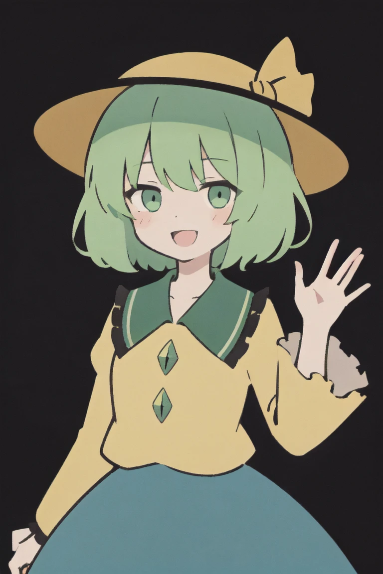 1girl, 

komeiji koishi, touhou, 

waving, blush, sleeves past wrists, solo, frilled shirt, frilled shirt collar, medium hair, shirt, third eye, green eyes, yellow shirt, :d, smile, black background, frills, long sleeves, frilled sleeves, hat, green hair,

masterpiece, newest, absurdres, safe