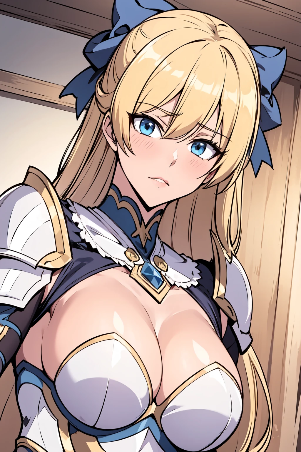 masterpiece, best quality, 1girl, solo, <lora:Teresa-000005:0.6> thg-teresa, long hair, blonde hair, blue eyes, bow, hair bow, blue bow BREAK armor, upper body, dutch angle