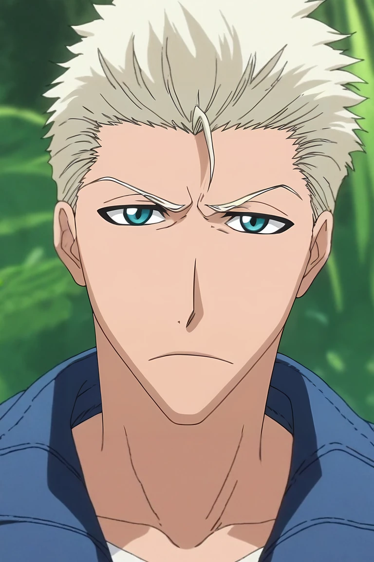 score_9, score_8_up, score_7_up, source_anime, rating_safe, intricate details, anime screencap, , official style, , , 1boy, male focus, teal eyes, platinum blonde hair, denim jacket,, solo, close-up, jungle, dusk, twisted torso, wavy mouth, <lora:bleach_style_pony:0.88>, bleach_style, <lora:sdxl_lightning_8step_lora:1>