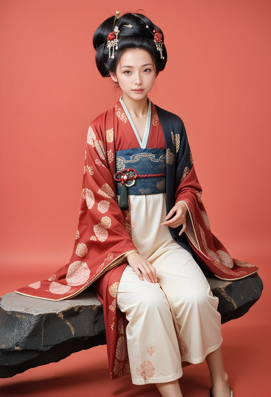 score_9,score_8_up,score_7_up,
black hair,1girl,solo,(red background),sitting on rock,,ruanyi0521,hanfu,robe,wide sleeves,shawl,<lora:0521 Chang'an Yimeng_v1_pony:0.9>