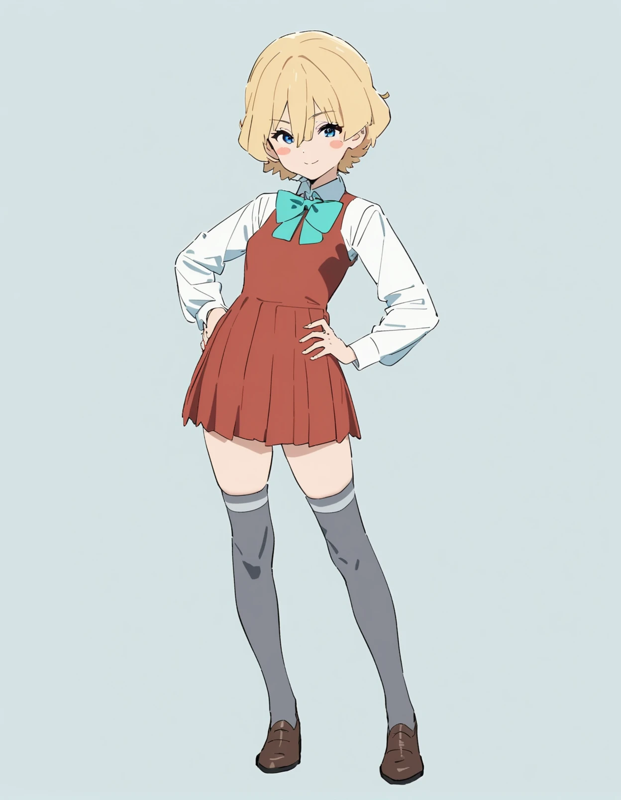 1girl, 
kamo kamen, 
thighhighs, bow, long sleeves, blush stickers, red dress, looking at viewer, smile, solo, aqua bowtie, white shirt, shoes, aqua bow, dress, blush, hand on own hip, shirt, sleeveless, short hair, blonde hair, breasts, pleated dress, brown footwear, blue eyes, sleeveless dress, collared shirt, small breasts, bowtie, grey thighhighs, full body, standing, hair between eyes, closed mouth, 
masterpiece, best quality, newest
 <lora:kamo_kamen_image373_2024-03-28_a31:1>