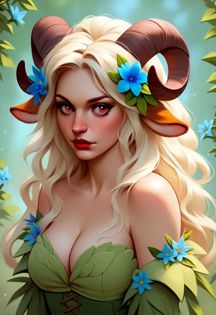score_9, score_8_up, score_7_up, score_6_up,fearne calloway, fearne_calloway, faun_druid, 1girl, solo, flower, horns, hair flower, animal ears, hair ornament, long hair, sheep horns, sheep girl, red lips, upper body, blue flower, sheep ears, ,  shoulders, off shoulder, cleavage, parted lips, looking to the side, realistic, cosplay