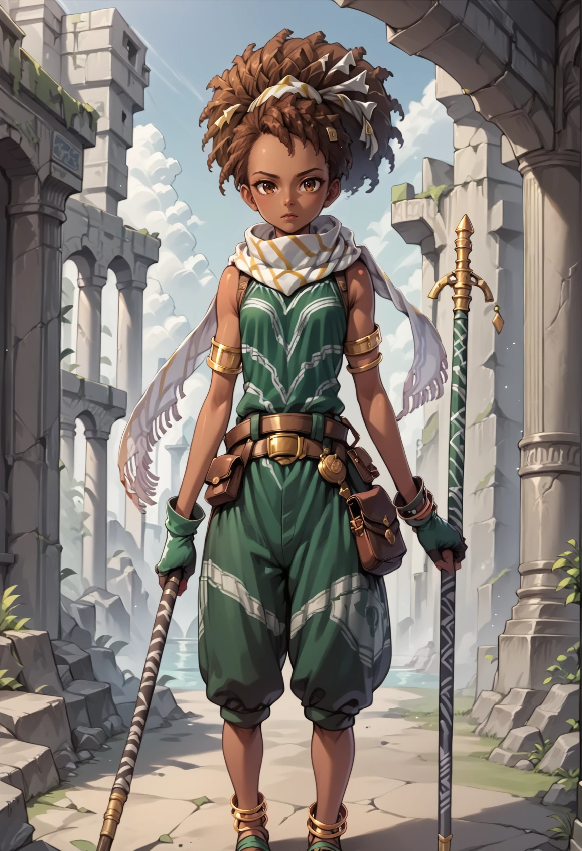 1girl, very dark skin, brown hair, dreadlocks, brown eyes, fingerless gloves, scarf, jewelry, pants, anklet, armlet, pouch, belt, standing, holding staff, looking at viewer, cowboy shot, ruins, forest <lora:Marisa_Eiyuden_Chronicle_XL_r1:1>, score_9, score_8_up, score_7_up, score_6_up, score_5_up, score_4_up, BREAK source_anime, masterpiece