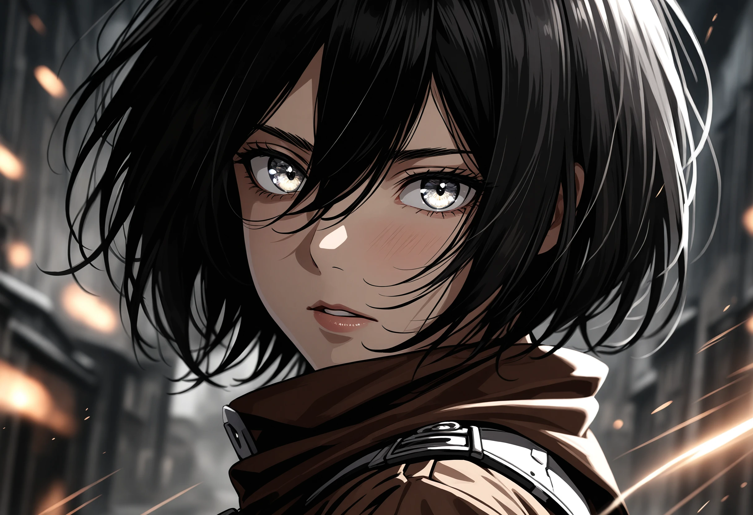1girl,mikasa ackerman,shingeki no kyojin,
(dark theme:1.5), (iridescent eyes:1.4), (motion blur:1.4), looking at viewer,
blurry background,
(close up on face,:1.2) from side,, (masterpiece:1.2), (best quality:1.2), (very aesthetic:1.2), (absurdres:1.2), (detailed background),newest, intricate,