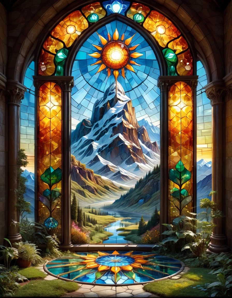 (stained glass art designed by Louis Comfort Tiffany:1.1) and (Tom Fruin:1.2) , [grand Vector Art, landscape of a (Himalayan:1.1) , Mundane and Moody, Clear skies, volumetric lighting, F/8, Velvia, concept art::16], sci-fi, plain, <lora:ral-hnycmb:0.7> made out of ral-hnycmb, surreal, romantic, dynamic dramatic beautiful full taking, enhanced quality, perfect background, unique