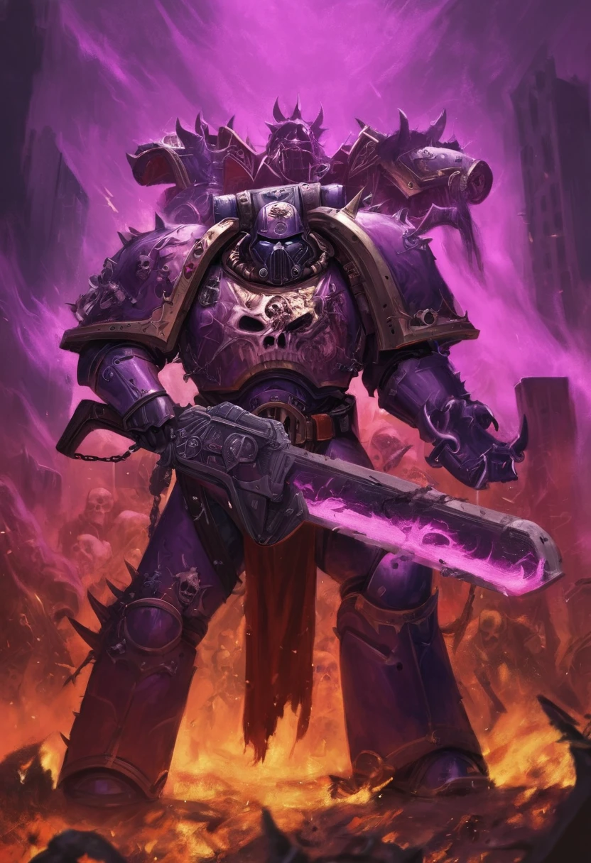 A digital painting of a Emperors Children Chaos Marine. The marine is depicted in a dynamic pose, lunging at the viewer with a chainsword in one hand and a pistol in the other. He is wearing a heavily ornamented suit of power armor with a pink and purple color scheme. The armor is decorated with skulls, spikes, and other symbols of Chaos. The marine's face is hidden by his helmet, but his eyes are visible, glowing with a hellish light. The background of the painting is a dark and stormy sky, with a hint of a ruined cityscape in the distance. The painting is done in a realistic style, with a focus on detail and realism. The colors are vibrant and saturated, and the lighting is dramatic. The overall effect is one of awe and terror, as the viewer is confronted with the overwhelming power of Chaos. By Rob Jenx.
extremely detailed, impasto, epic, grimdark, masterpiece, illustrative, volumetric lighting, dynamic shading, matte painting,
<lora:Slaanesh:1>