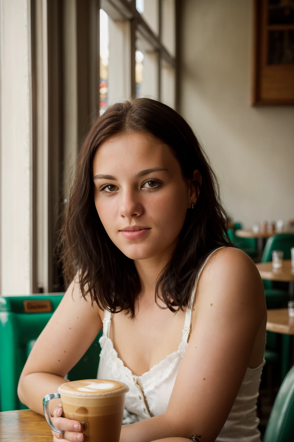 <lora:ATKErin:0.8>, full color portrait of a young woman, having a coffee in a vintage cafe, smile, natural light, RAW photo, subject, 8k uhd, dslr, soft lighting, high quality, film grain, Fujifilm XT3