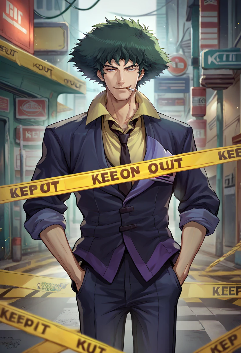 score_9, score_7_up, score_8_up, source_anime, keep out, caution tape, solo, male focus, 1boy, spikespiegel, smirk, looking at viewer, hand in pocket, smoking cigarette, formal, suit, jacket, necktie, sleeves rolled up, pants, science fiction <lora:cowboybebop_spike_ponyXL-000008:1> <lora:KeepOut_XLPD:1>