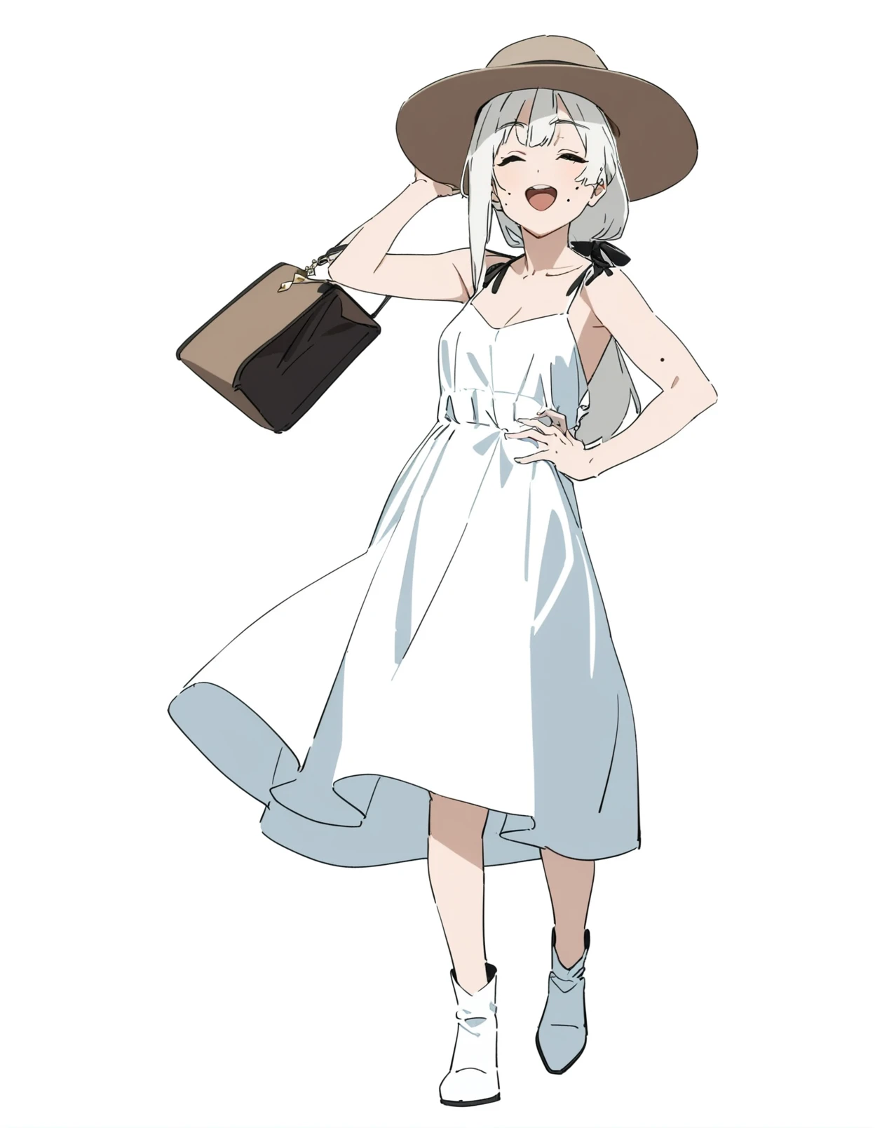 1girl,
kamo kamen,
white hair, handbag, dress, mole, looking away, hand on own hip, black ribbon, white dress, hat, solo, open mouth, bare shoulders, :d, full body, teeth, long hair, collarbone, mole on cheek, hand on headwear, closed eyes, brown hat, breasts, holding, facing viewer, boots, bag, hair ribbon, holding bag, ponytail, white footwear, upper teeth only, ribbon, smile, small breasts, cleavage,
masterpiece, best quality, newest
<lora:kamo_kamen_image373_2024-03-28_a31:1>