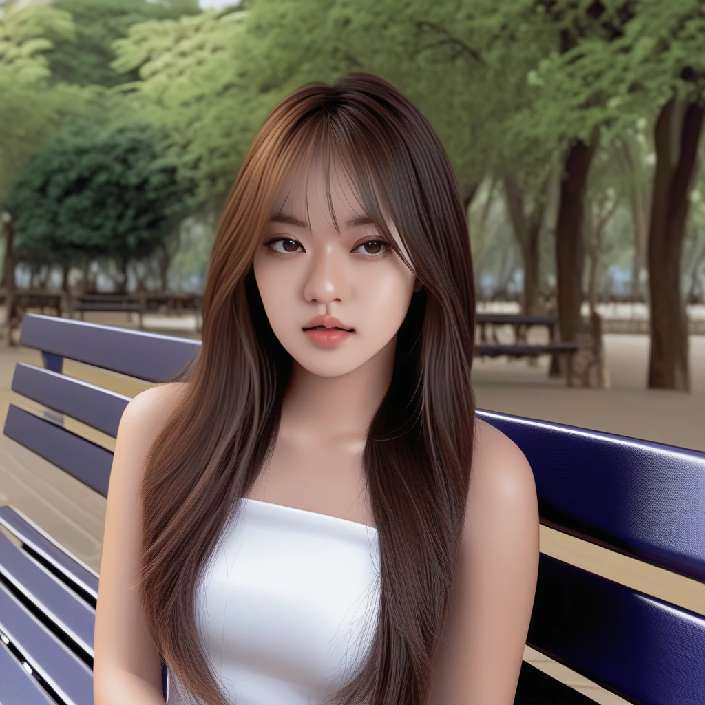 sze, 1girl, best quality, photorealistic, 8k, high res, full color, 20 years old woman, (closed mouth:1.2), (skindentation), (portrait:0.6), tree, park bench, daylight, (park background:1.2), full color, ((white dress:1.2)), detailed eyes, detailed iris, beautiful expression, looking at viewer:1.3, (1girl eyes looking at viewer:1.3), (medium-length hair, beautiful hair, (bokeh), highres