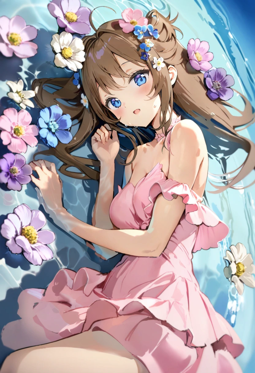 masterpiece, best quality, <lora:anmiXLANI31lokrV4239-000138:0.95> 1girl, solo, flower, dress, blue eyes, looking at viewer, brown hair, hair flower, pink flower, hair ornament, pink dress, long hair, lying, water, on side, open mouth, blush, bare shoulders, blue flower, bangs, ahoge, white flower, purple flower, cowboy shot
