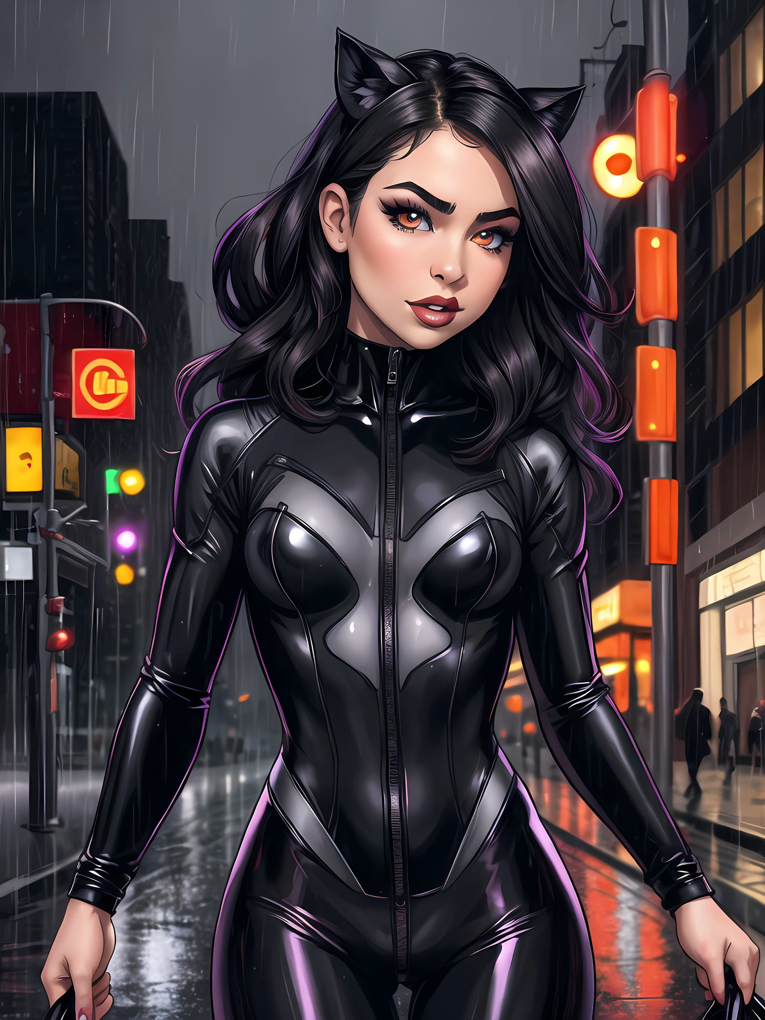 close-up portrait photo of M3l1ss4M00r3_V1-Emb , makeup, mascara, eyeshadow, catwoman suit, in the middle of a rainy city street at night, 8k uhd, high quality, dramatic, dramatic lighting, realistic , lifelike texture