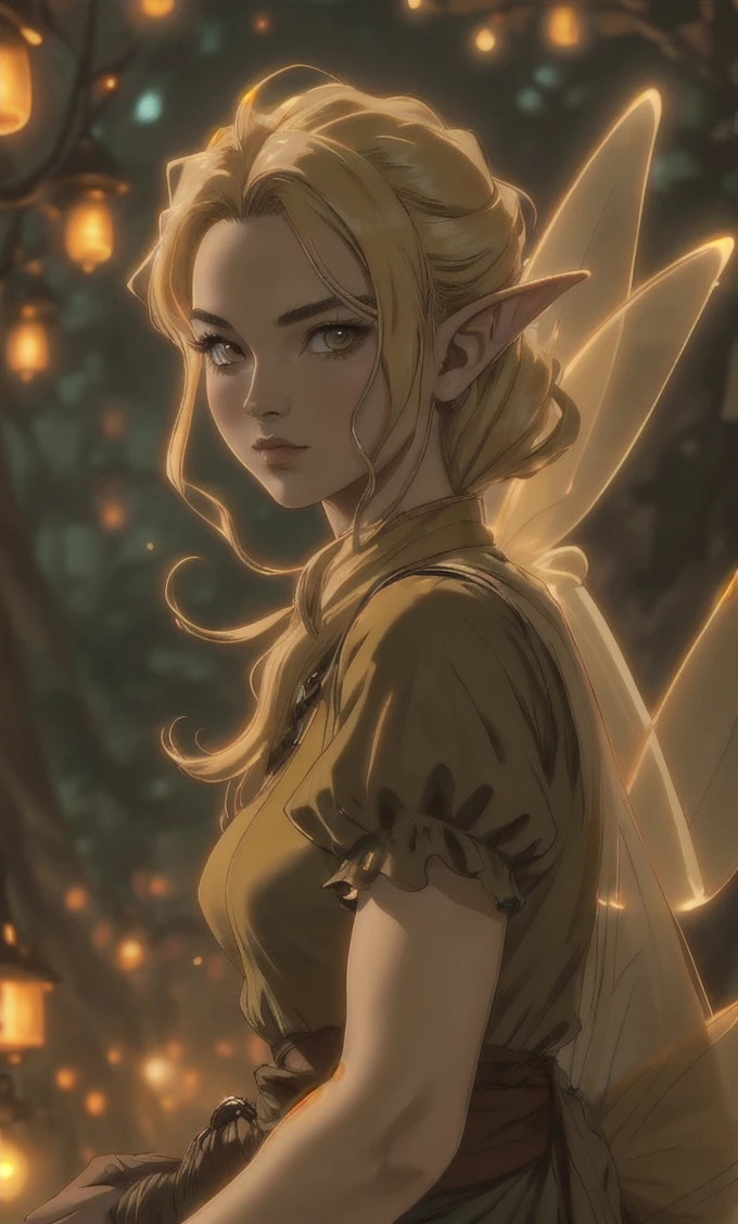 close on a fairy <lora:ghibli:.9>, at night , cinematic lighting, David Park, lights, facing the viewer