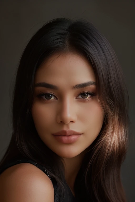 a full color Photo portrait of a woman <lora:KaTy_V1:1> , dark brown eyes, detailed skin, shadow play:1.3, close up on face, bright neutral background, side lighting revealing her beautiful face, eye level, in the style of Tyler Shields,