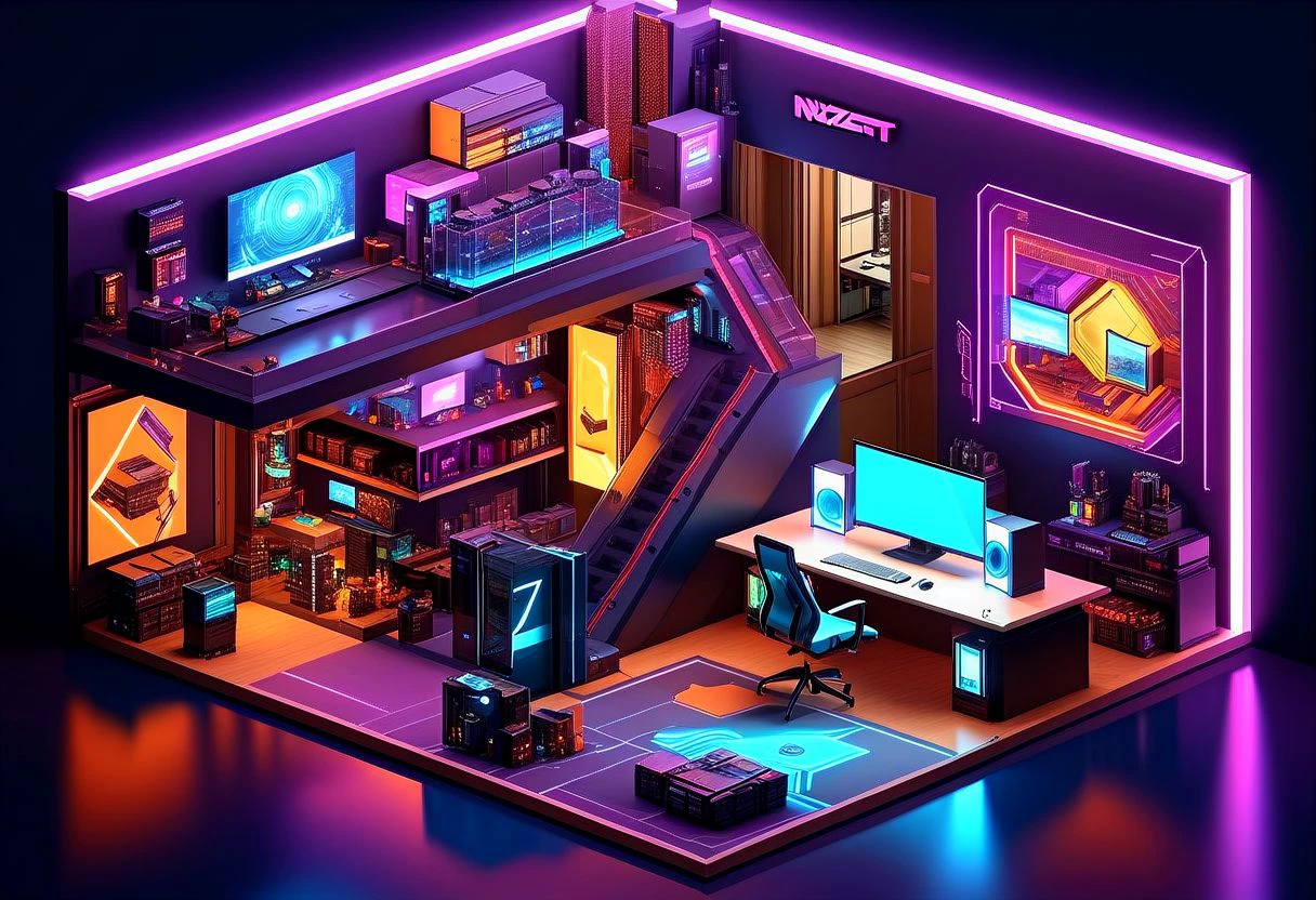 an extremely detailed isometric scene of nxzskzt, isometric cutaway, indoors, cyberpunk themed home office in the year 2024, 3d, isometric view, octane render, neon lighting, isometric miniature, 3d scene, cinematic lighting, extremely detailed, ultra HD, desktop wallpaper, 128k, neon theme, masterpiece, best quality