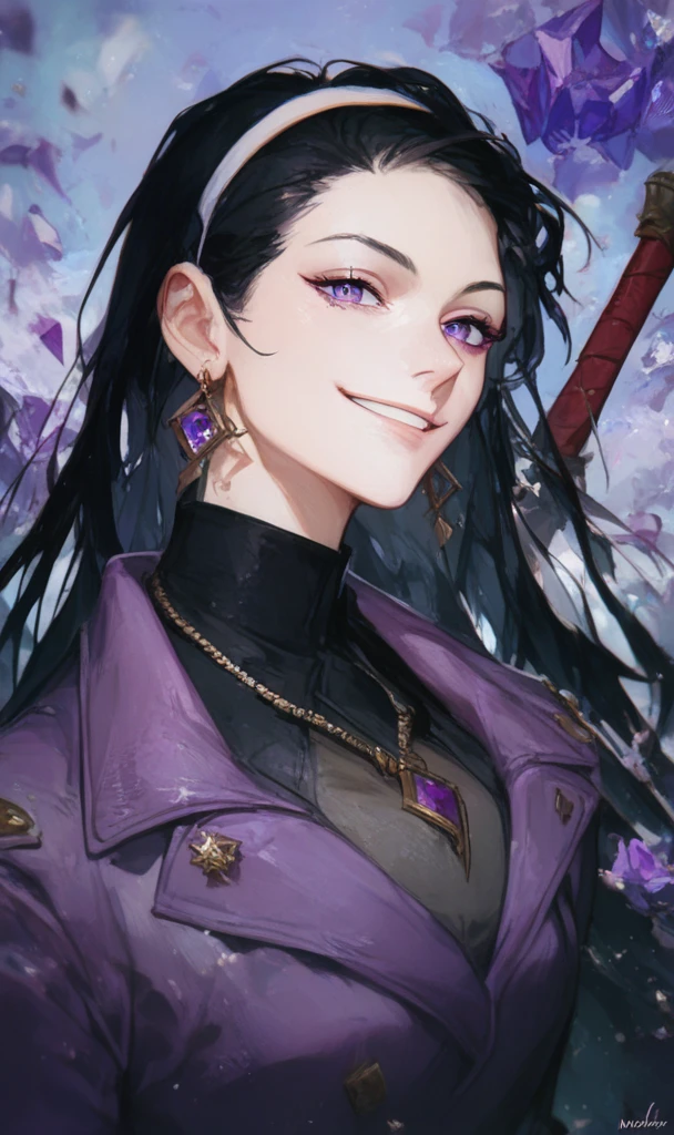 (score_9, score_8_up:1.1), score_7_up, masterpiece, <lora:Iori_Limbus_Model:1>, IoriLOR, 1girl, solo, long hair, looking at viewer, smile, black hair, jewelry, purple eyes, jacket, upper body, weapon, hairband, earrings, necklace, purple jacket