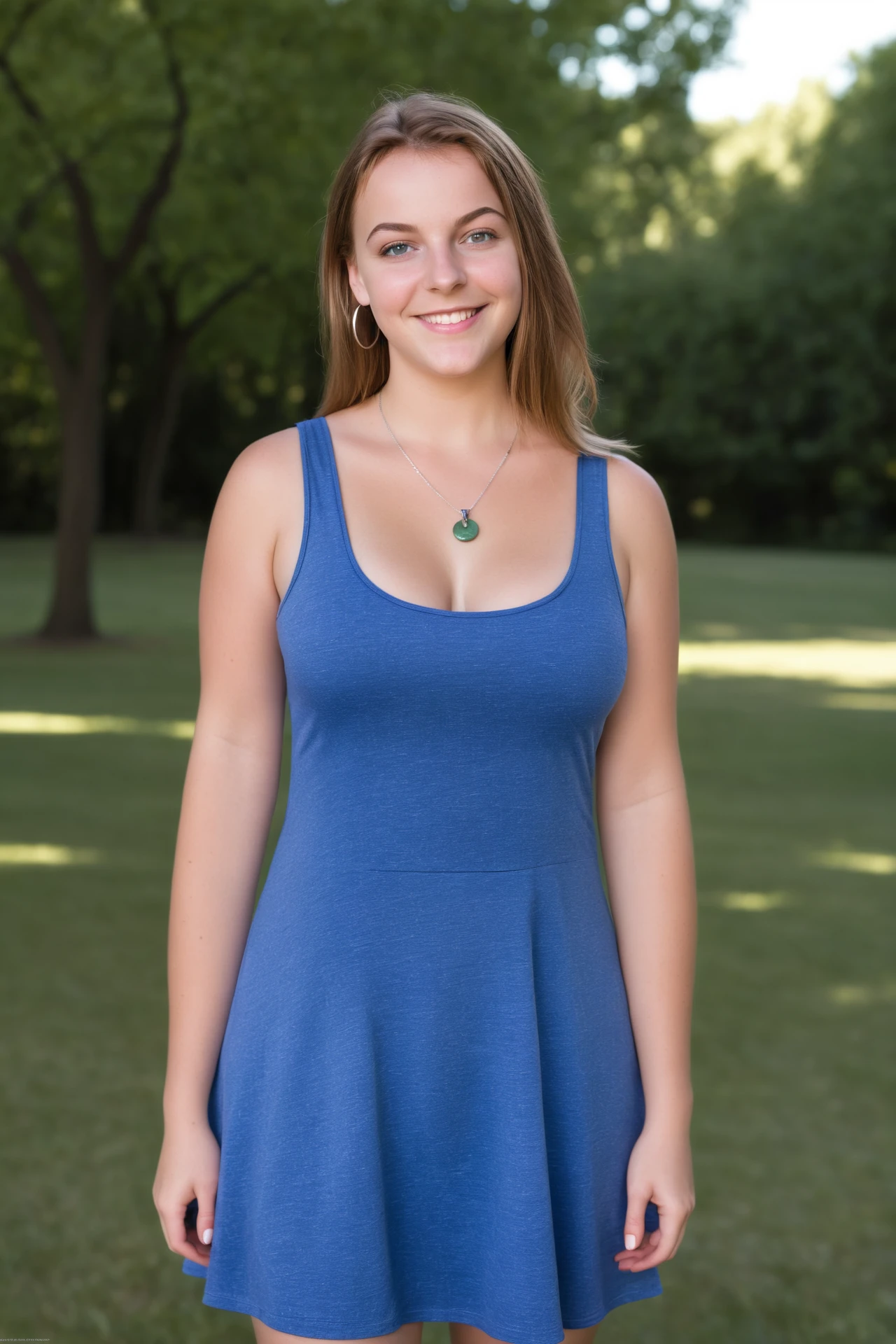 professional photo, by petrus van schendel, a young cute 21yo woman, wearing tank dress, smirking, detailed face, outdoors, park, cinematic light, simple background, studio shot, rimlight, detailed, <lora:Sequoya_girl_XL:0.8>