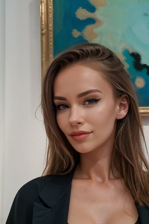 a breathtaking high quality photo of a beautiful blonde woman, <lora:VeronikaAndris_V1:1>, highly detailed face, perfect styled hair, 8K, masterpiece, posing in front of a large colorful modernist abstract:1.5 painting at a art museum, depth of field, natural light,